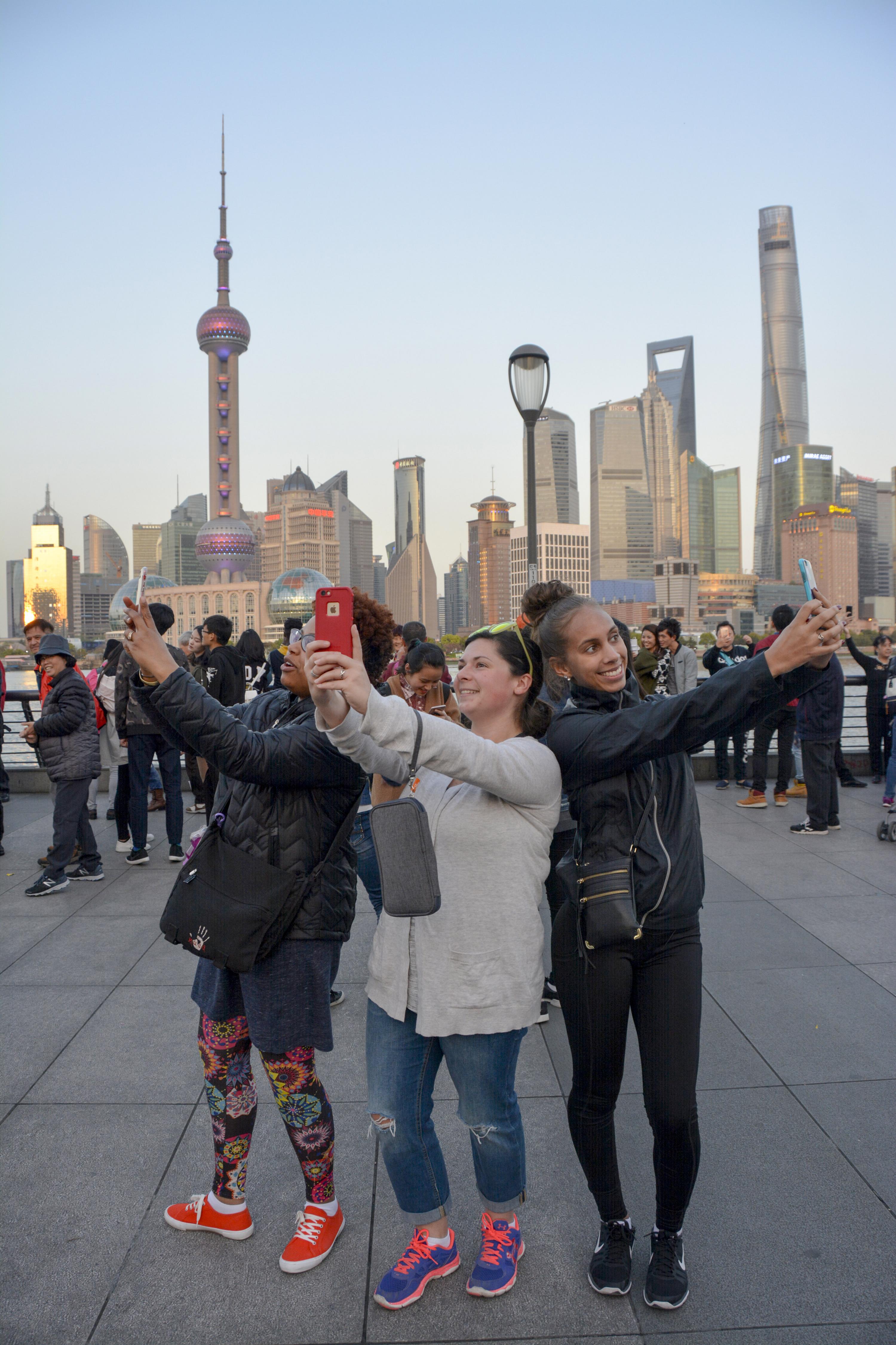 Selfies In Front Of Shanghai Pearl Tower